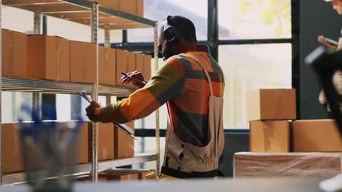 Warehouse Employee Reviewing Inventory with Clipboard
