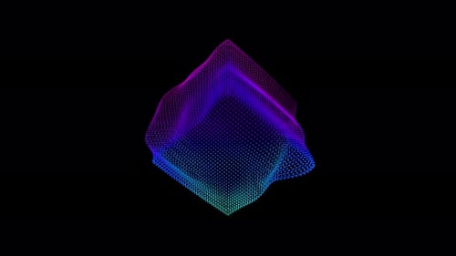 Ondas de distorsión en bucle en un cubo abstracto de partículas, datos digitales, salpicadura de caja, matriz de puntos