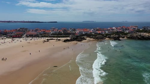 Aerial view of island Baleal naer Peniche on the shore of the ocean in west coast of Portugal. Balea