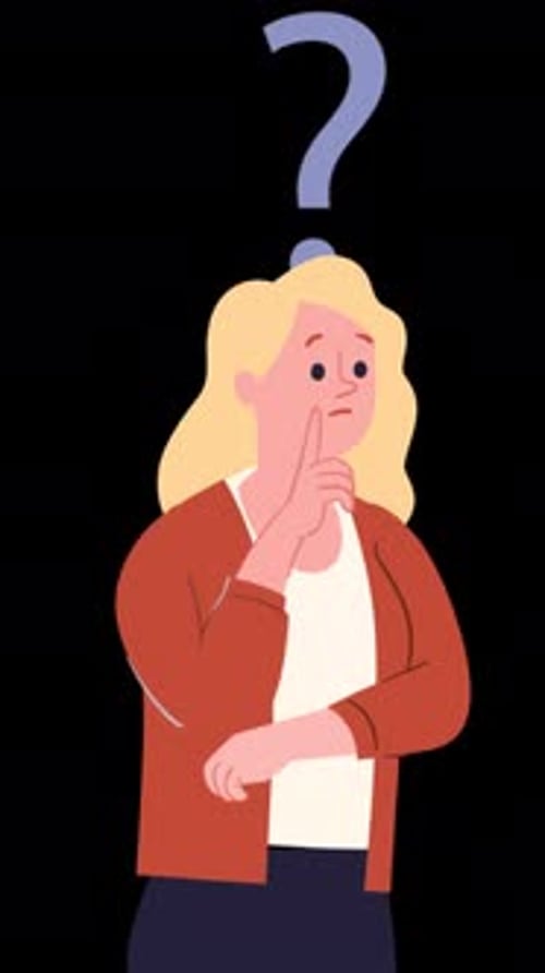 Woman Thinking with Questions Around On Vertical On Alpha Channel