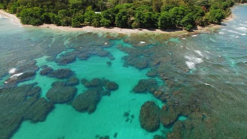 Clear turquoise water over coral formations on Caribbean coast by tropical beach in Costa Rica