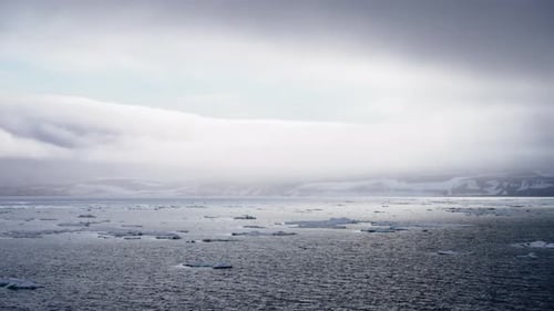 Vast Expanse of Icy Ocean Waters Under a Dramatic Overcast Sky with Scattered Floating Ice Fragments