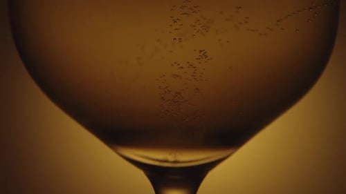 Close up of bubbles in a glass of champagne or sparkling wine. Camera moving upward. Orange backgrou