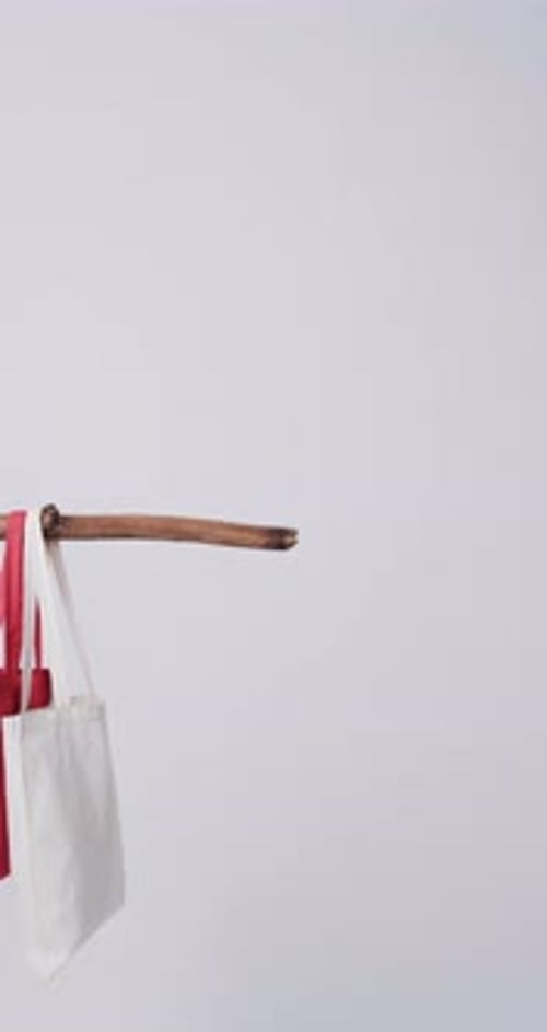 Vídeo vertical de una bolsa de lona roja y blanca colgada de una rama con espacio para copiar sobre fondo blanco