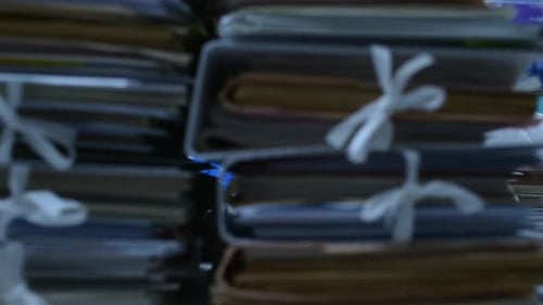 Montones de documentos sin terminar, informes, archivos con exceso de trabajo, papeleo en el escritorio de la oficina del profesor.