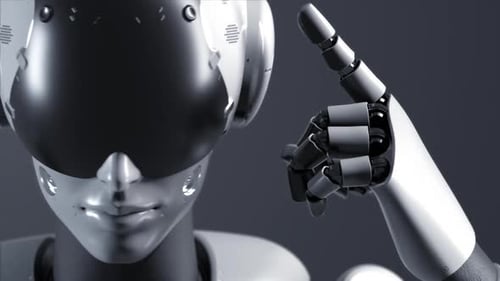 portrait of a robot woman in close-up, the robot makes a gesture of denial
