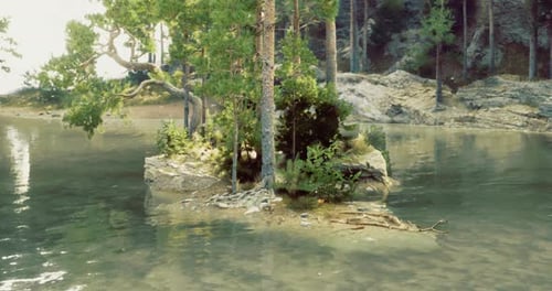 Serene Island Surrounded By Calm Water and Lush Greenery in Daylight