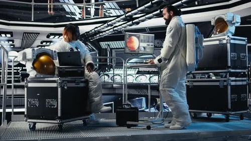 Astronauts Flying in Starship Exploring Mars Seeking Extraterrestrial Life