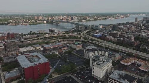 An aerial view of a city and a river