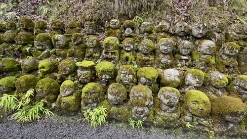 Estátuas budistas de pedra Rakan cobertas com musgo e líquen no templo Otagi Nenbutsu-ji em Arashiy