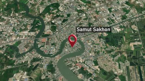 Zoom del mapa de la ciudad de Samut Sakhon (Tailandia) del espacio a la Tierra