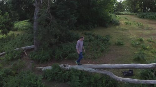 Man Walking on Fallen Tree Trunk in Forest