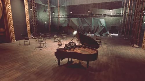 Empty Grand Piano on Rustic Concert Hall Stage