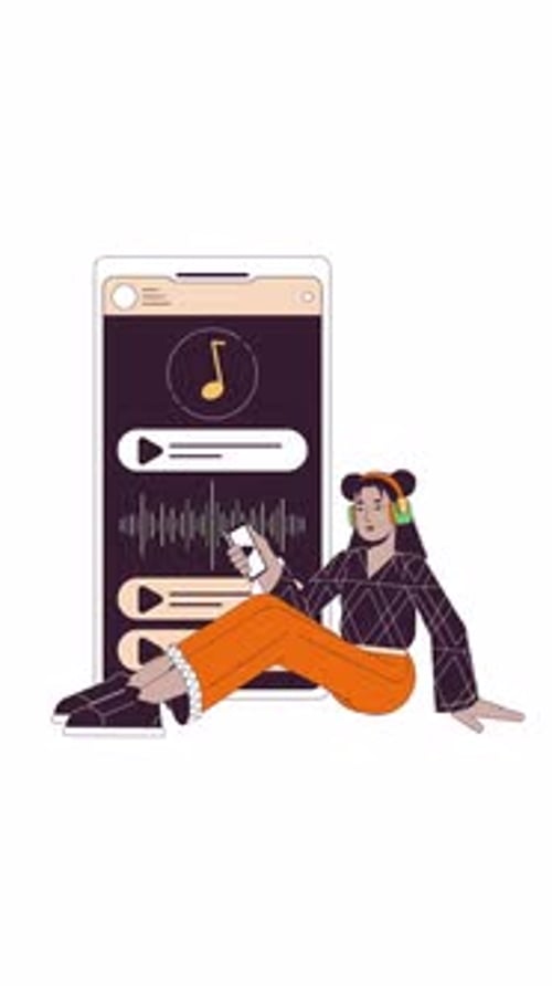 Latina girl enjoying music on smartphone streaming app 2D vertical animation