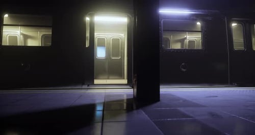Nighttime Subway Station with Open Train Doors and Quiet Atmosphere