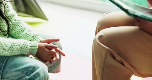 Support, anxiety and hands of child in psychology office for trauma counseling