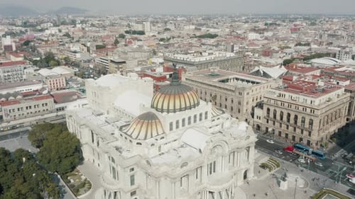Aerial View Of Palacio de Bellas Artes With Art Nouveau Exterior In Mexico City. - tilt down