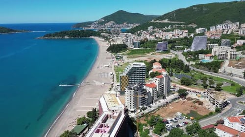 A Drone Flies Over the Popular Resort of Becici in Budva Montenegro