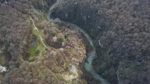 River Flows Through Lush Valley Surrounded By Trees