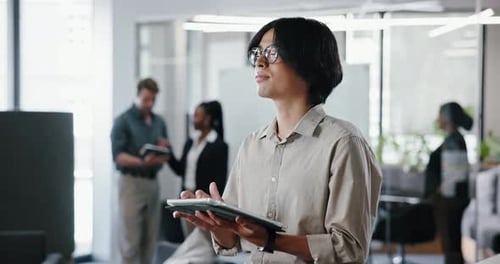 Thinking, typing or man in office with tablet, draft insight or source feedback for article