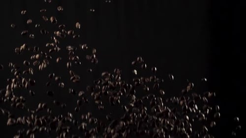 Geröstete Kaffeebohnen fliegen, nachdem sie auf schwarzem Hintergrund explodiert sind. Duftende frische fliegende Kaffeebohne