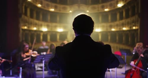 Cinematic Back View of Professional Conductor Directing Symphony Orchestra with Perf