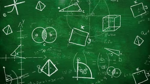 Digital animation of multiple geometrical shapes against mathematical equations on green background
