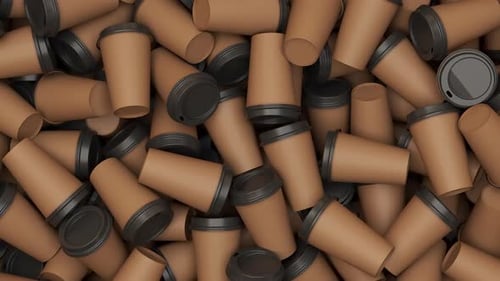 Pan Over a Pile of Disposable Coffee or Tea Plastic Cups Fly Over Set of Many Cups for a Cafe 3d