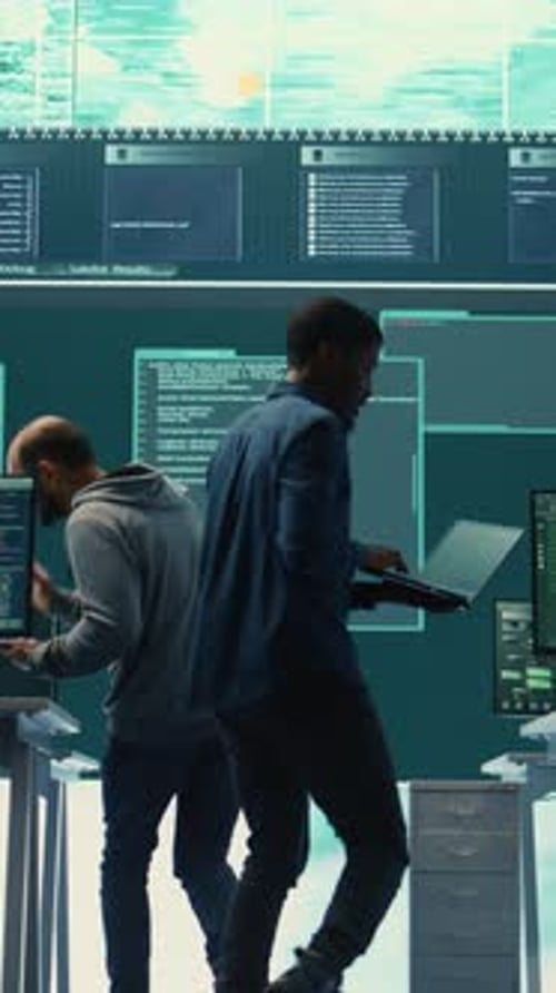 Men Analyzing Data on Screens in Dark Office