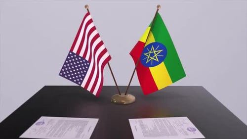 Ethiopia and USA at the negotiating table, a diplomatic deal. Business and politics animation