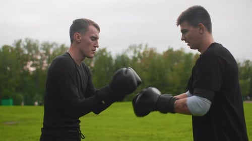 Two young men boxing outdoors in park