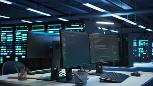 Configuración de computadora con varios monitores en el centro de datos utilizada para monitorear las amenazas de seguridad