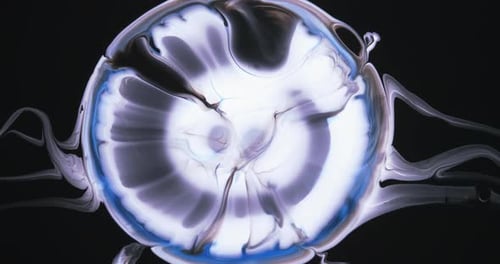 On a black background, a divergent blurring circle of blue, white colors. Ink space. Abstract art.