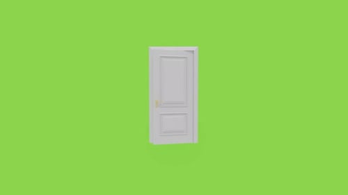 White door opening on green screen background