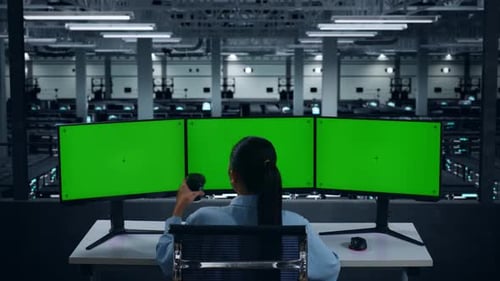 Mujer asiática bebiendo café y trabajando con una maqueta de monitor de computadora múltiple en un centro de datos