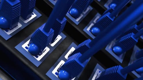 Seamless animation. Close-up of a modern internet switch with connected Ethernet cables.