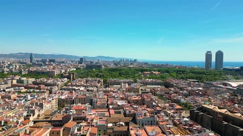 Barcelona Urban Skyline. Aerial view of Parc de la Ciutadella (Park Ciutadella)