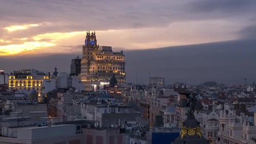 Timelapse of the Gran Via street in Madrid, Spain. Views from azotea del Circulo rooftop.