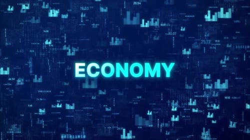 ECONOMY-Konzept vor animiertem Finanzhintergrund mit Diagramm, Zahlen und Matrixcodes