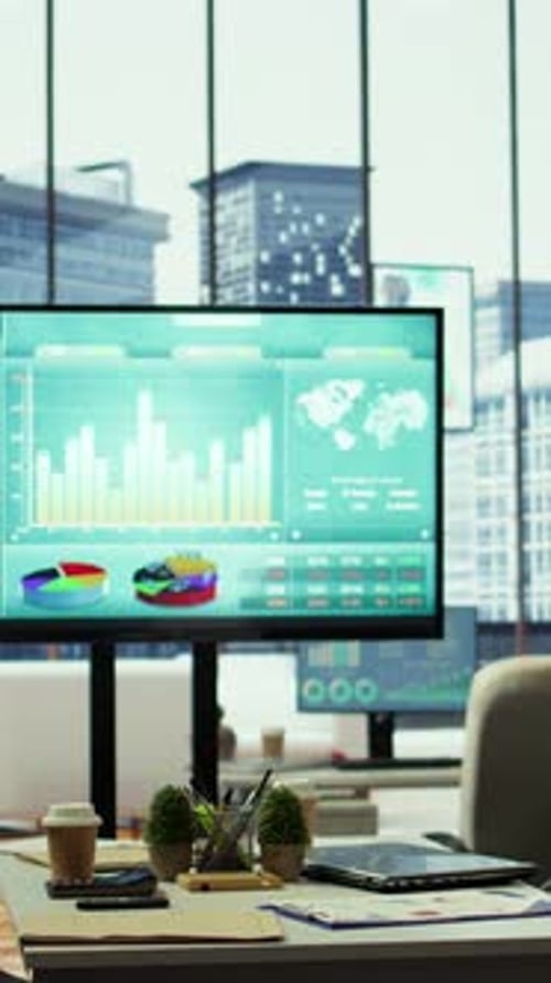 Vertical Video Sleek Corporate Office with a Computer Displaying Detailed Infographics