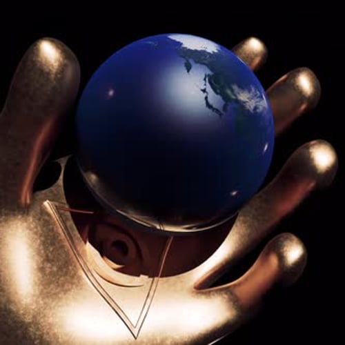 A bright golden glove holding the earth