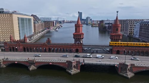 Aerial view of train crossing The Oberbaum Bridge , Berlin , Germany