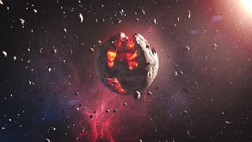 Sterbender außerirdischer Planet mit heißem Magma und Asteroiden