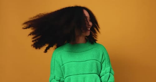 Happy woman, face or hair with fashion for beauty or haircare on a studio background