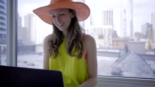 caucasian woman indoor modern house city lifestyle technology