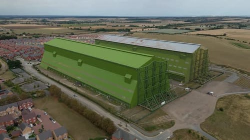 Vista aérea de dos hangares, Cardington, Bedfordshire, Reino Unido.