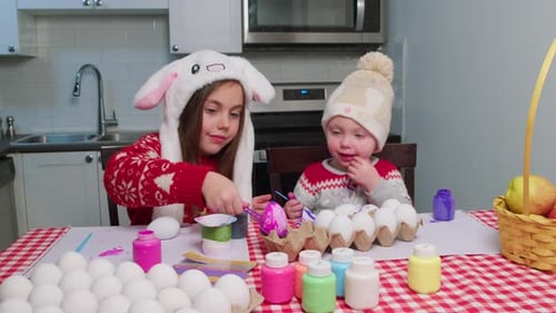 Preparing for Easter Children Paint Eggs for Religious Holiday