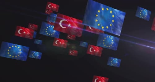 Waving Turkey and European Union Flags in Digital Space
