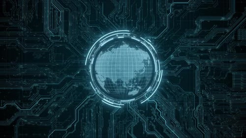 World Map and Earth Sphere on CPU Integrated Circuit Board 3D Render Abstract Background Blockchain