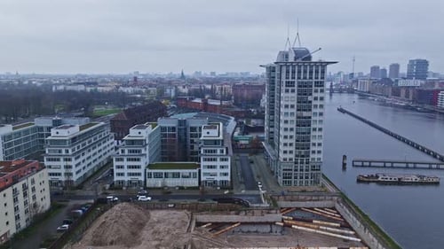 Aerial view of modern buildings on the bank of spree river